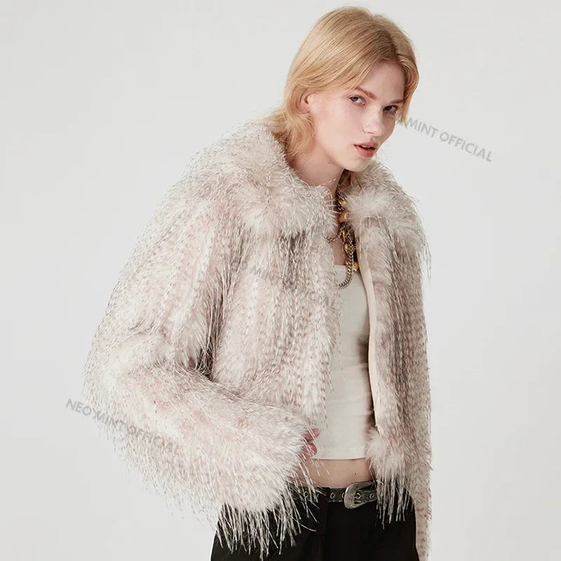 Exclusive Designer Winter Gradient Faux Peacock Fur Coat Furry Tassels Fur Jackets Y3k Outerwears