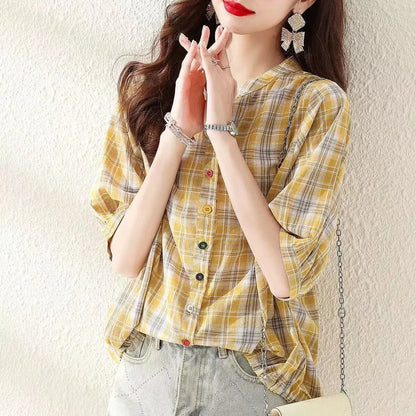 Woman Summer Style Blouses Tops Lady V-neck Short Sleeve Striped Printed Blusas Tops Df4537