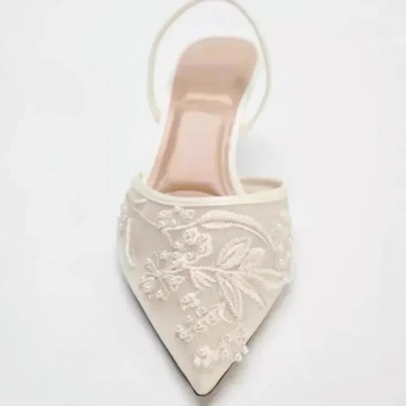 Mesh Embroidered Brand Sandals String Bead Thin Heels Mules Shoes Pointed Toe Slingback Slippers Zapatos De Mujer