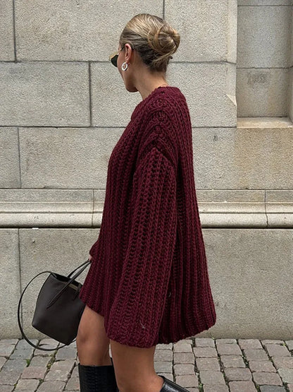 Knitted Mid Long Sweaters Loose O-neck Long Sleeve Dark Red Pullover Sweaters Female Autumn Street Tops