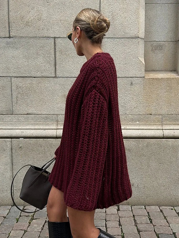 Knitted Mid Long Sweaters Loose O-neck Long Sleeve Dark Red Pullover Sweaters Female Autumn Street Tops