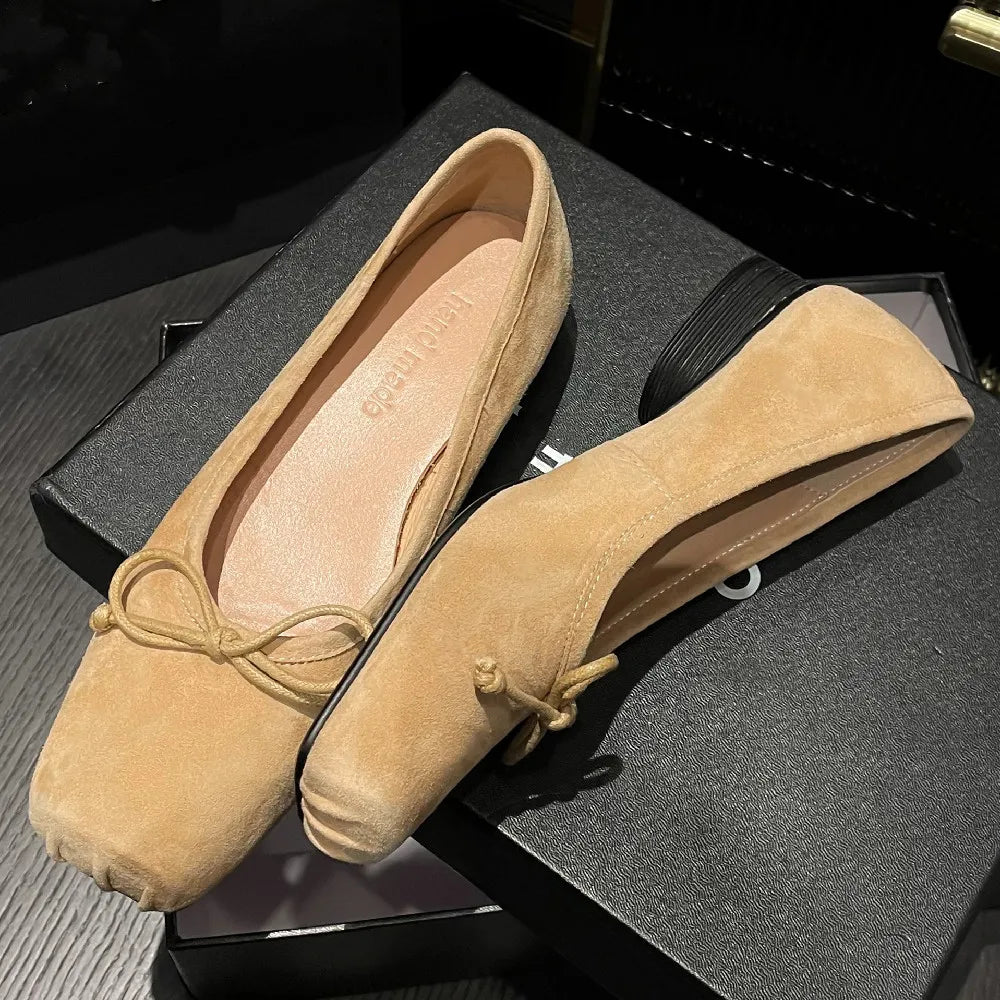 Natural Suede Leather Square Toe Slipon Ballet Flats Sweet Bowtie Female Ballerians Soft Comfort Shoes for
