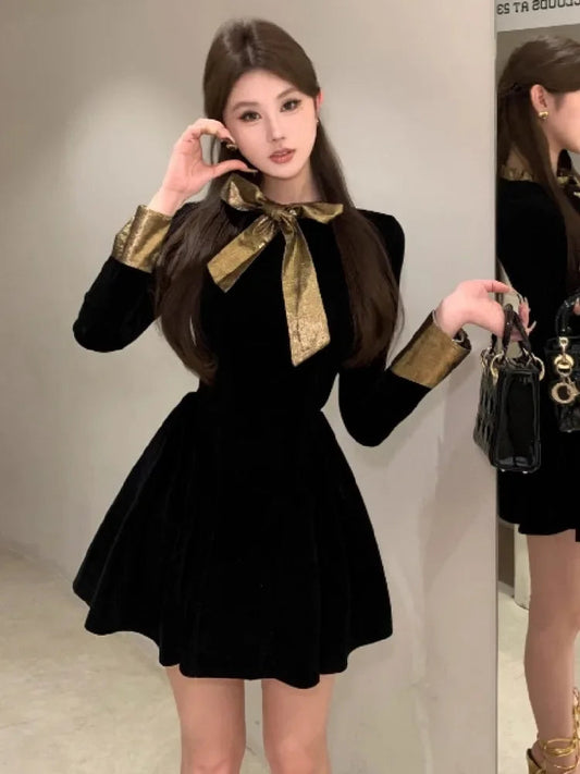 Evening Dresses Bow Velvet Long Sleeve Slim Birthday Party Cocktail Mini Dress