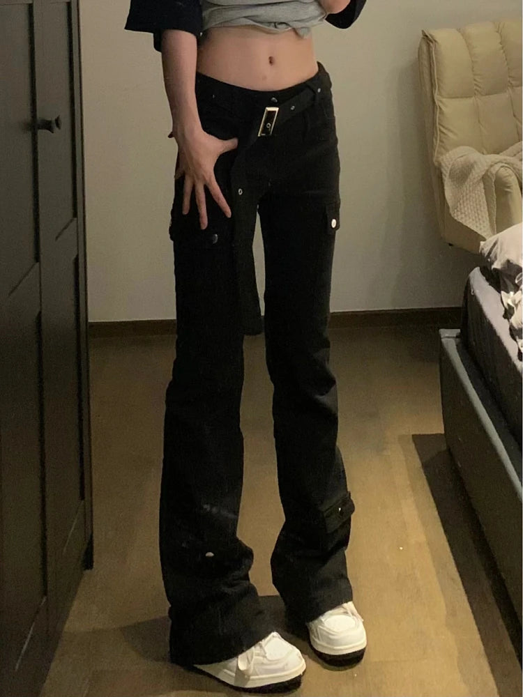 Woman Stretch Jeans Low Waist Denim Floorlength Multiple Pockets Dark Academia Pants Baddie Style Japanese