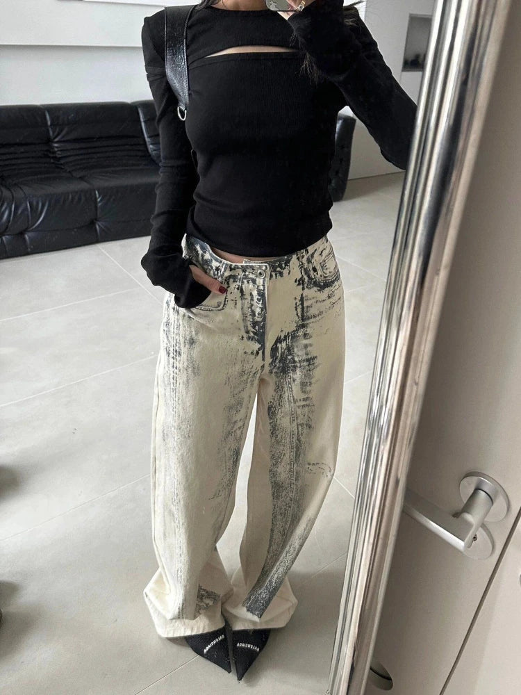 Tie Dye Jeans Hip Hop Baggy Street Do Old Straight Wide Leg Denim Trousers Y2k Dirty Female Pants