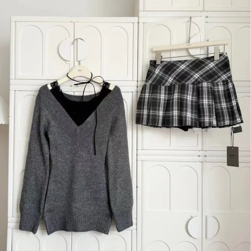 Autumn Winter Woman Gyaru V-neck French Sweater Long Sleeve Pullover Knitwear Mini Skirt 2000s Aesthetic 3-piece Outfits