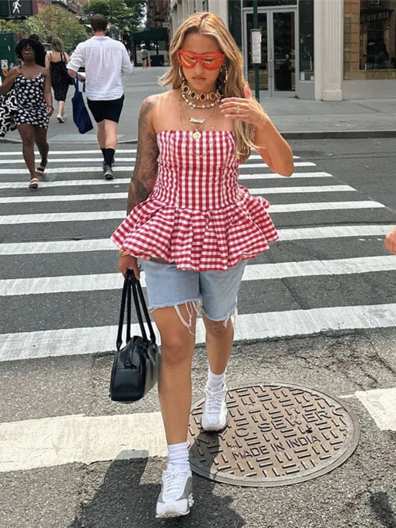 Spring Summer Plaid Tops for Strapless Off Shoulder Backless Ruched Red T-shirt Sleeveless Tees Top