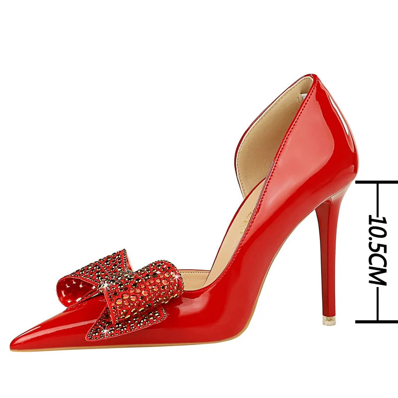 Shoes Pumps 10.5cm Heels Rhinestone Bowknot Lady Heels Stilettos Patent Leather High Heels Female Shoes