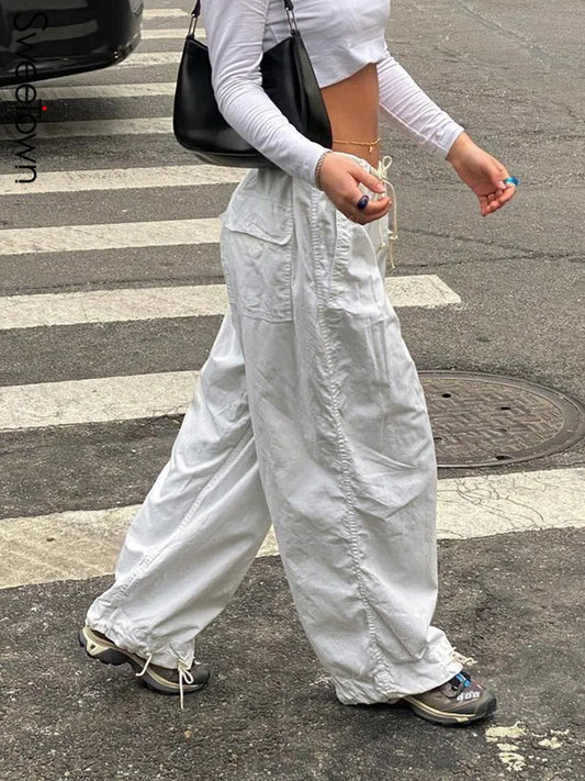 Baggy Wide Leg Sweatpants White Loose Drawstring Low Waist Cargo Pants Hippie Joggers Trousers