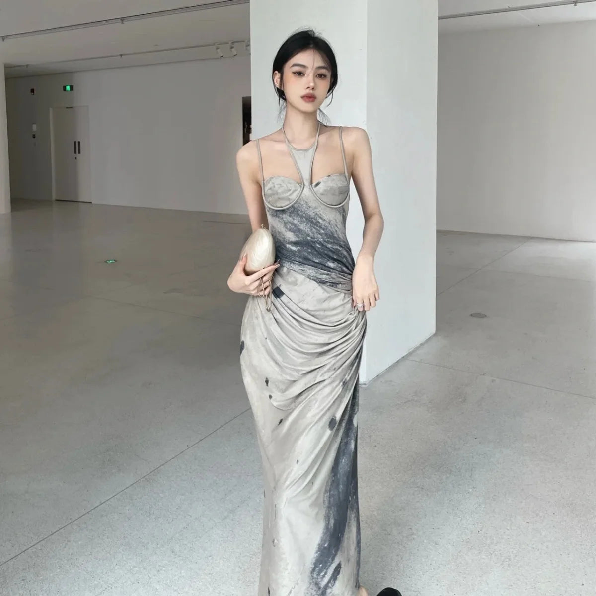 Tie Dye Designer Long Halter Dresses for Summer Backless Ruched Aline Maxi Dress Clothing