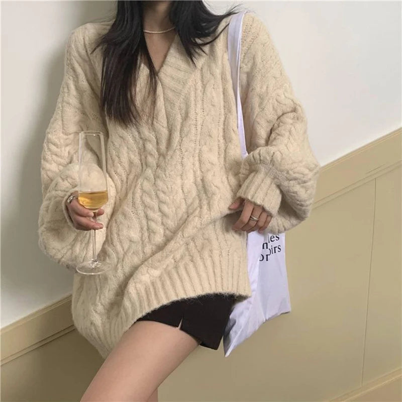 Oversized Sweater Preppy Pink V Neck Knitted Pullovers Harajuku Korean Long Sleeve Knitwear Winter Jumpers