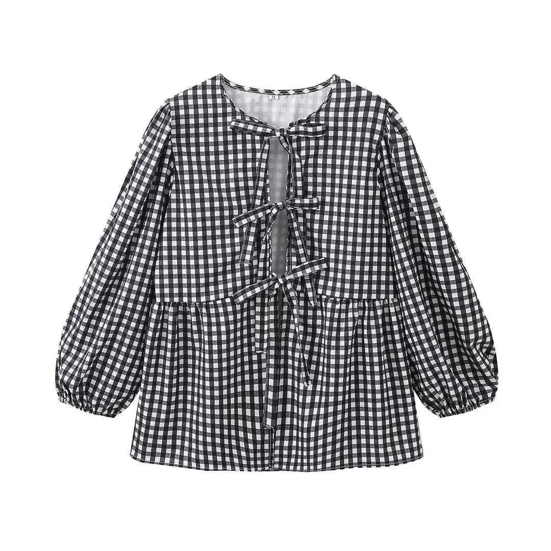 Summer Woman Bow Tied Lace Up Shirts Puff Short Sleeves Blouse Oneck Ruffle Color Tops