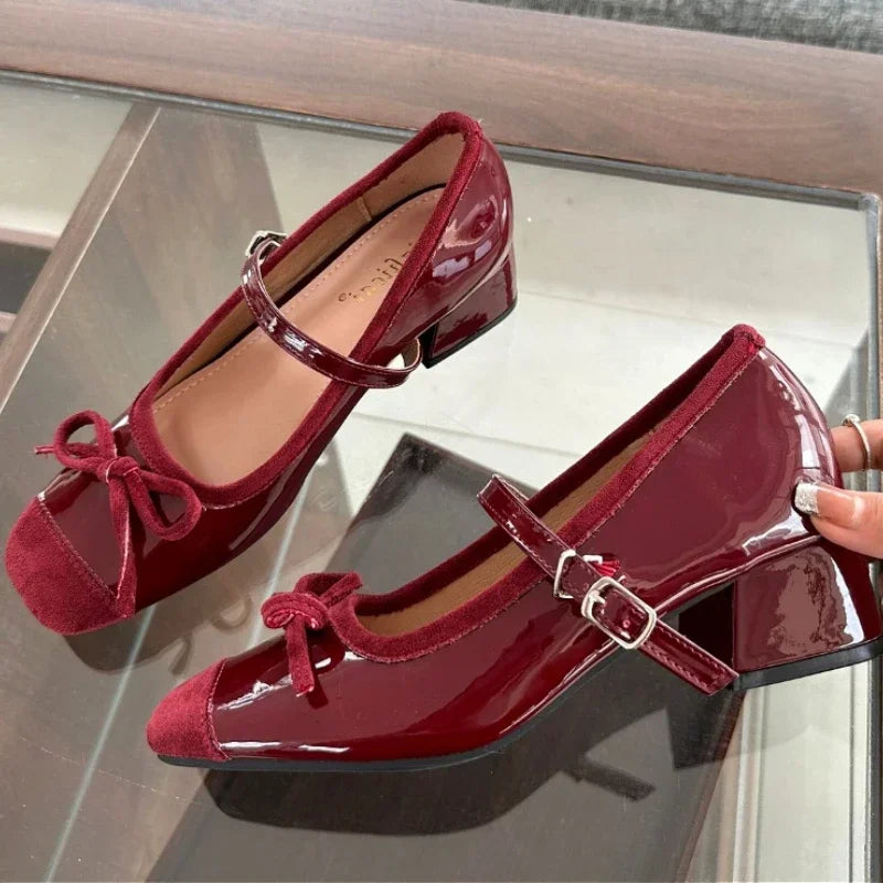 Chunky Mary Jane Shoes New Butterflyknot Ballet Shoes Retro High Heels Dress Shoes Zapatos De Mujer