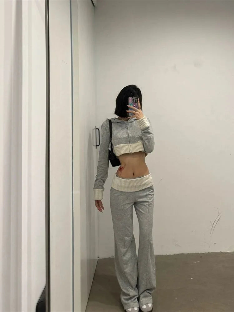 Korean Long Sleeve Hoodie Knitted Coat + Y2k Grunge High Waist Loose Wide Leg Pants Spring New Two Piece Sets