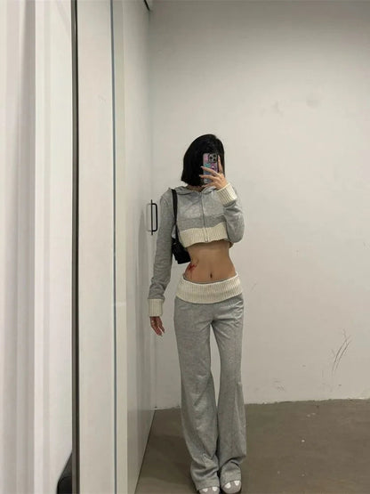 Korean Long Sleeve Hoodie Knitted Coat + Y2k Grunge High Waist Loose Wide Leg Pants Spring New Two Piece Sets