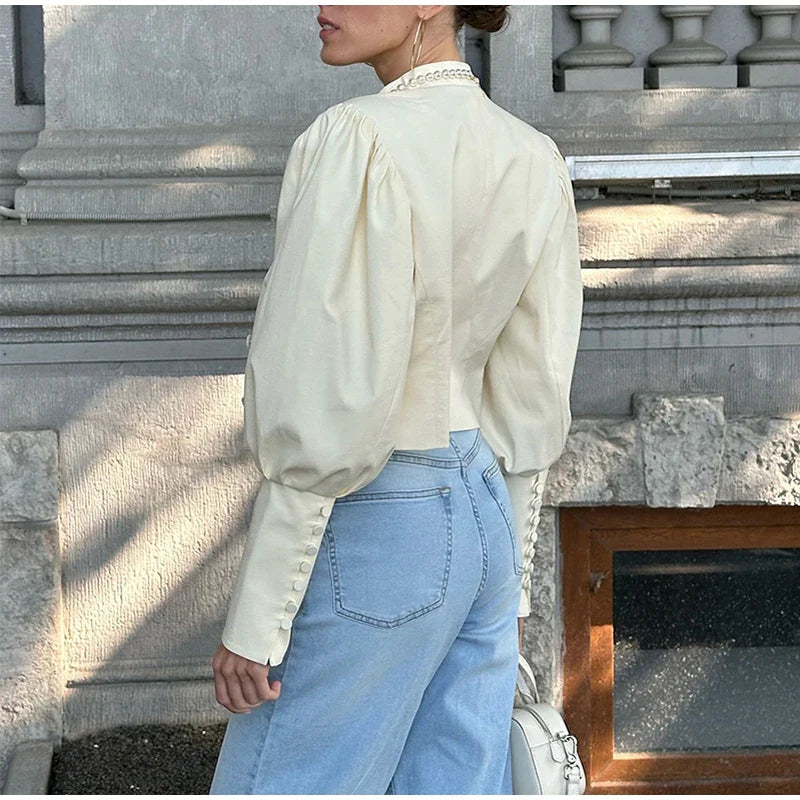 Retro Stand Collar Short Shirt Single Breasted Puffy Sleeve Shirts Coat Lady Versatile