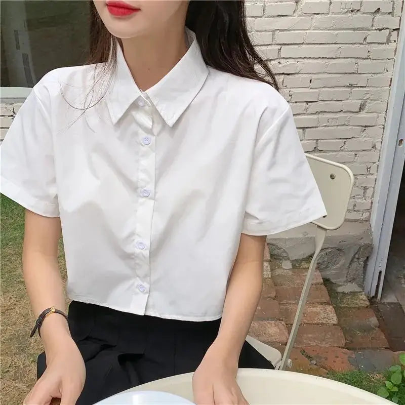 Oversize White Cropped Shirt Summer Short Sleeve Polo Neck Sweet Preppy Button Short Shirts Korean Female Blouses Blusa