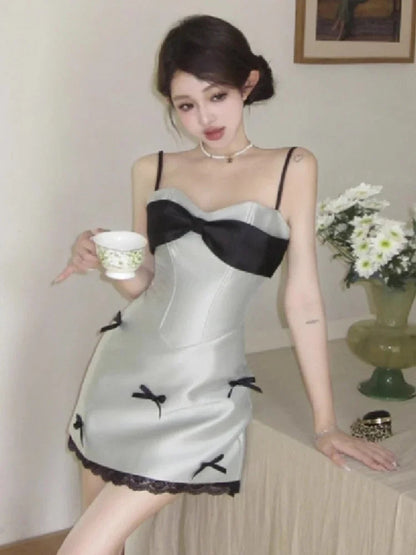 Wedding Party Evening Dresses Sleeveless Bowknot Lace Patchwork Backless Birthday Cocktail Mini Dress Prom