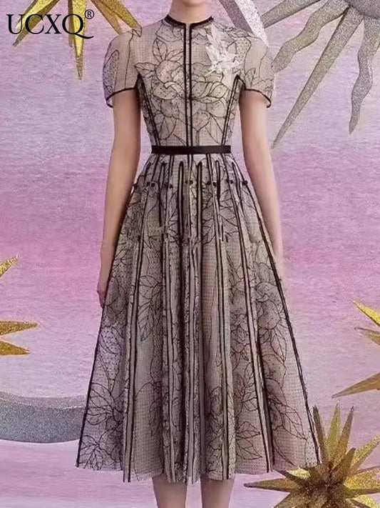 Party Dress O Neck Short Sleeve Lace Mesh Embroidery Long Dresses for Spring Summer 8980