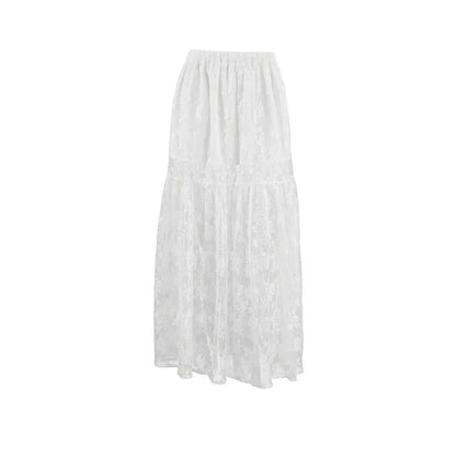 American Retro Hollow Seethrough Lace Aline Skirt Summer New High Waist Color Loose Midlength Skirt