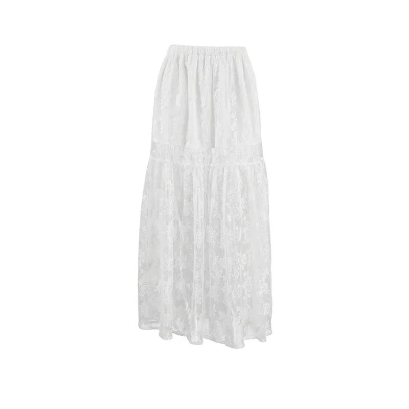 American Retro Hollow Seethrough Lace Aline Skirt Summer New High Waist Color Loose Midlength Skirt