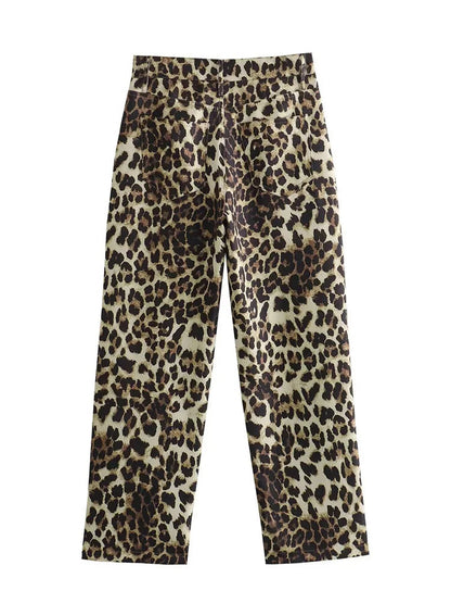 Female Leopard Print High Waist Pants Button Pockets Straight Leg Pant Female Slim Trousers