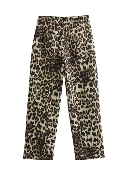 Female Leopard Print High Waist Pants Button Pockets Straight Leg Pant Female Slim Trousers