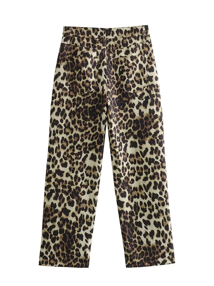 Female Leopard Print High Waist Pants Button Pockets Straight Leg Pant Female Slim Trousers