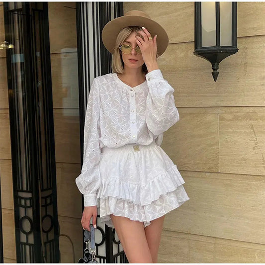 Long Sleeved Shirt Shorts Sets Summer Stand Collar Single Breasted White Blouse Suits Vacation 2 Pieces Set Outfit