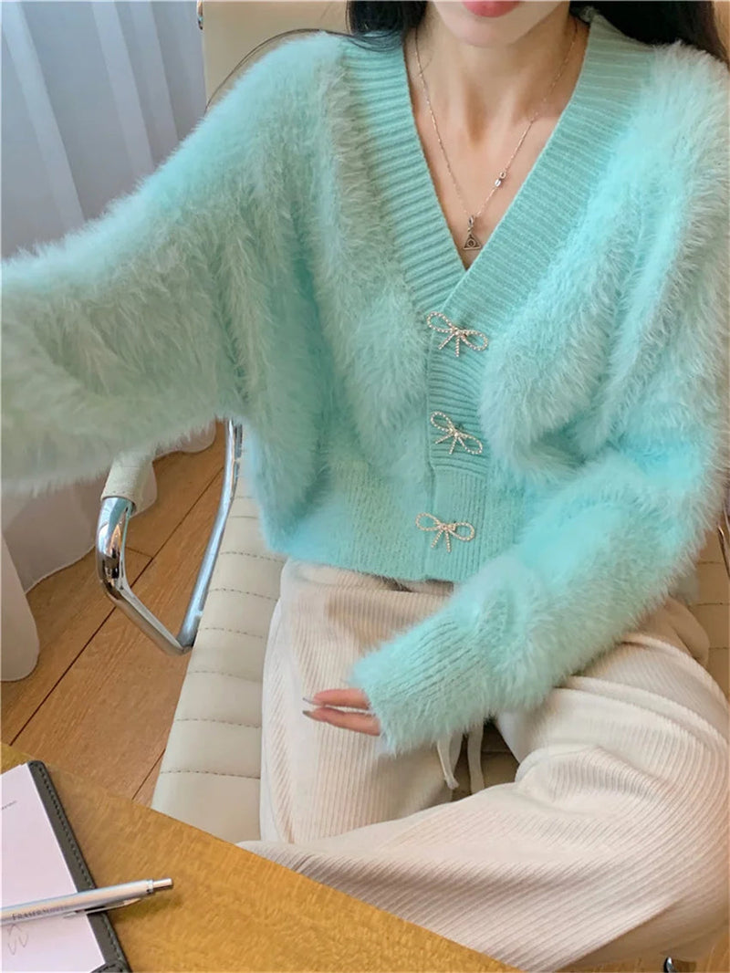Bow Outwear Coats Soft Winter Faux Mink Hair Office Lady Warm Slim Sweaters