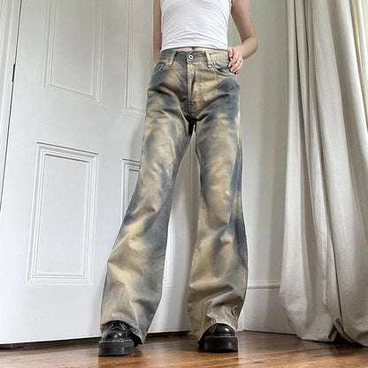 Gradient Color Jeans Loose Washed Y2k Wide Leg Pant High Street Straight Denim Trousers