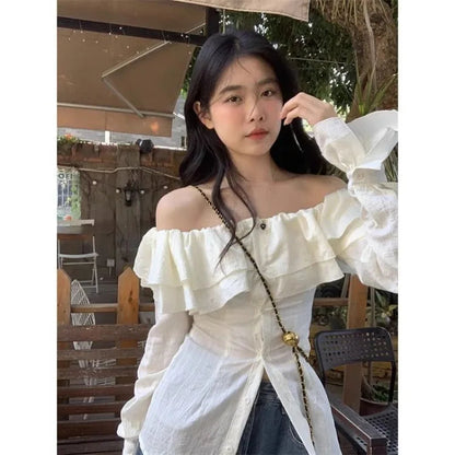 Slash Neck Ruffles Shirts Y2k Egirl Slim Waist Single Breasted Blouses Summer New Long Sleeve Blusas Mujer