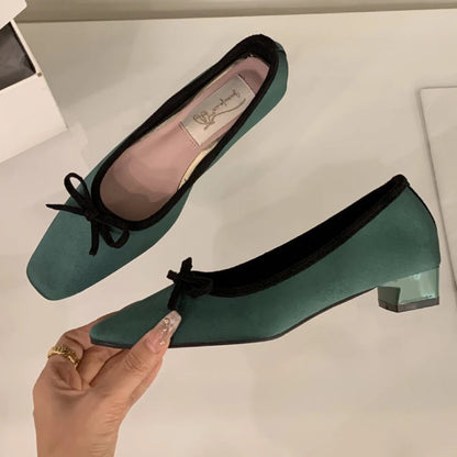 Satin Round Toe Bowknot Flat Shoes Brand Designe Open Heel Sweet Party Dress Square Heel Loafers
