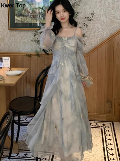 French Print Fairy Long Dresses Autumn New Ruffles Aline Party Birthday Vestidos Female One Piece Clothes