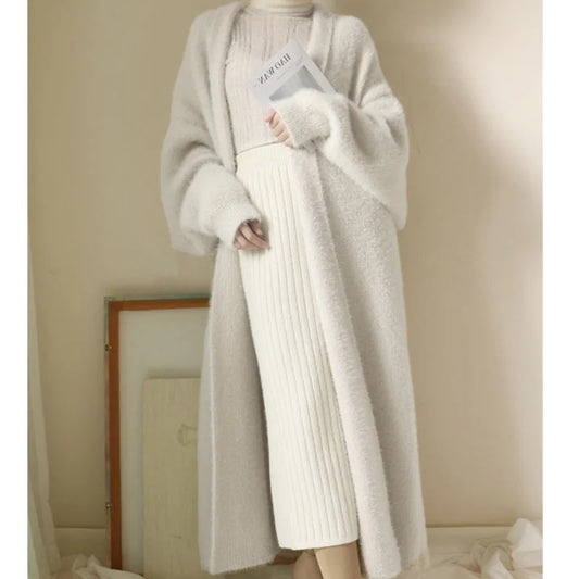 White Long Cardigan for Winter Clothes Knitted Fluffy Long Sleeve Cashmere Sweater Coat Clotkorean Style Warm