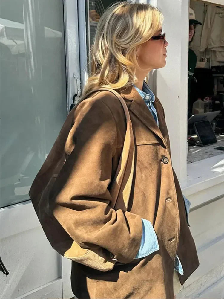Woman Brown Lapel With Pocket Jacket Single Breasted Long Sleeve Short Coat Autumn Lady High Street Outerwear