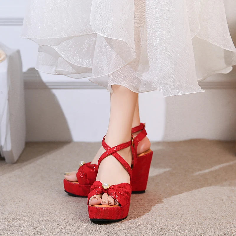 Red High Heel Wedge Shoes Sandals Platform Open Toe Heel Summer Sandals