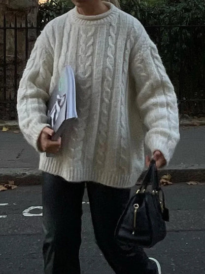 Knitted Long Sleeve Sweaters Loose White Half High Neck Pullover Sweater Female Autumn Simple High Street Tops