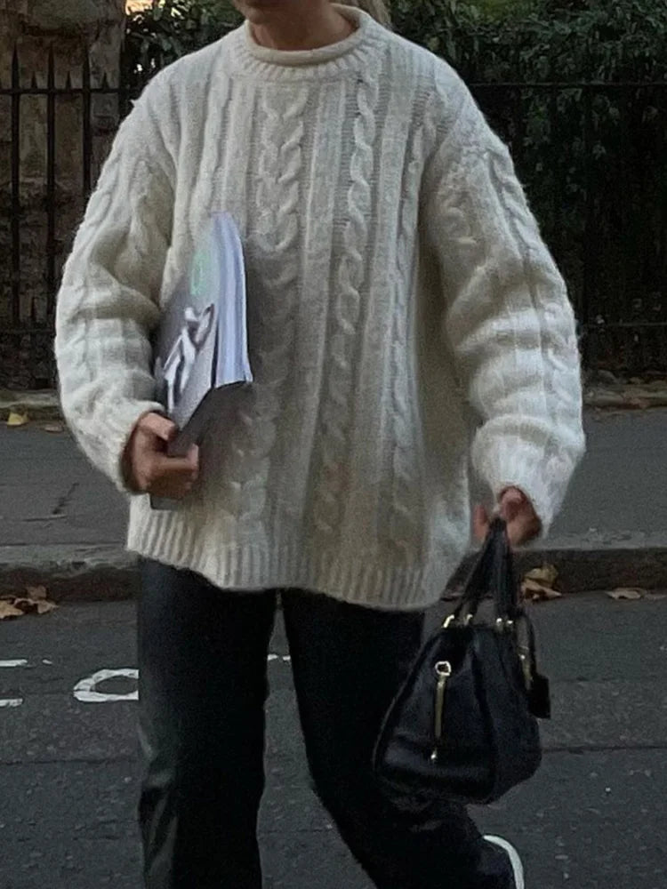 Knitted Long Sleeve Sweaters Loose White Half High Neck Pullover Sweater Female Autumn Simple High Street Tops