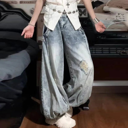 Y2k Jeans Aesthetic Harajuku Baggy Ripped Denim Trousers Summer 2000s Style Bloomers Jean Pants Light Blue