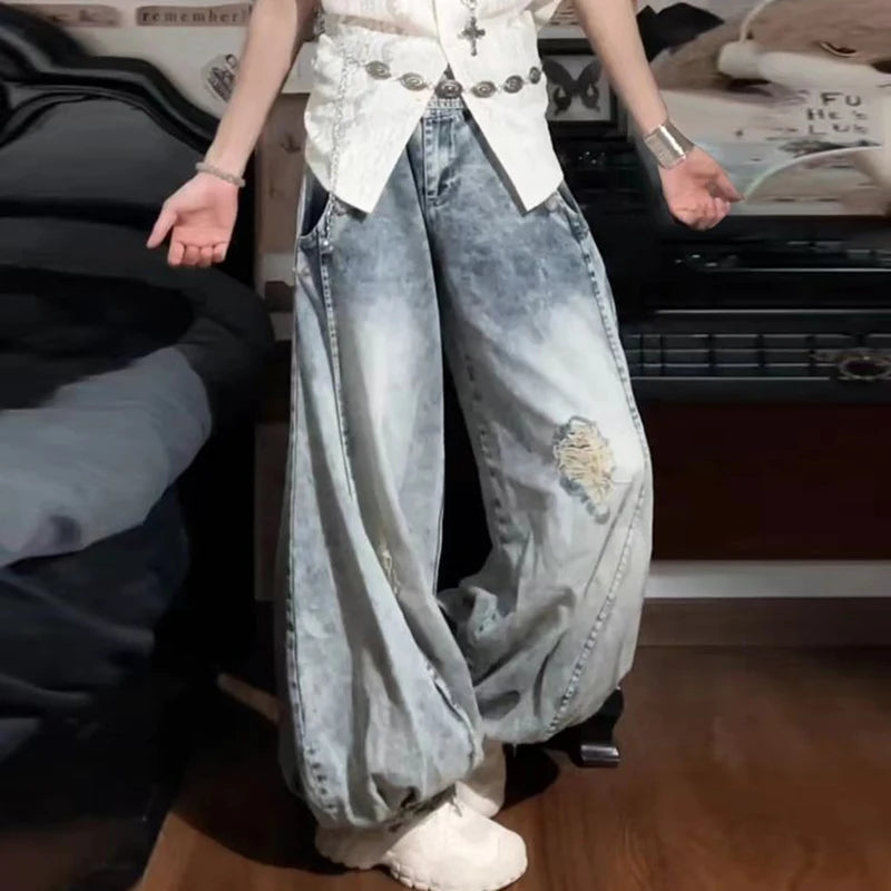 Y2k Jeans Aesthetic Harajuku Baggy Ripped Denim Trousers Summer 2000s Style Bloomers Jean Pants Light Blue