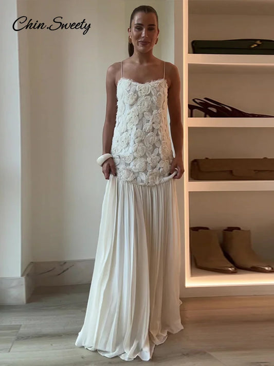 3d White Long Dress Patchwork Backless Pleated Party Evening Dresses Female Summer Lady A-line Robes