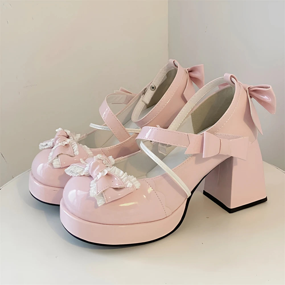 Lolita Bow Bow Decor Pumps Platform Chunky High Heels Ankle Strap Sweet Pumps for Girl Shoes