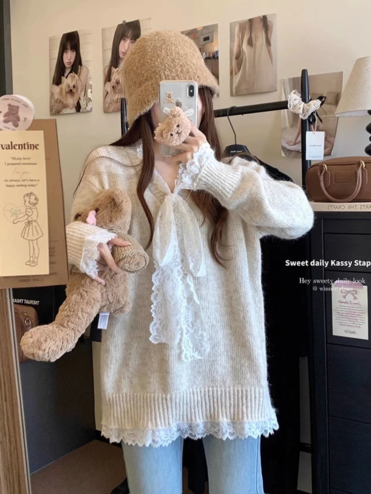 Lace Patchwork Ribbed Sweater for Cutecore Bow Vneck Knitted Pullovers Winter Warm Fairy Grunge Gray Clothes