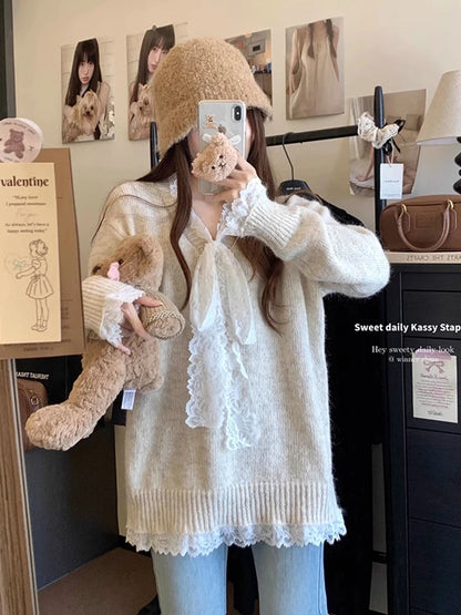 Lace Patchwork Ribbed Sweater for Cutecore Bow Vneck Knitted Pullovers Winter Warm Fairy Grunge Gray Clothes