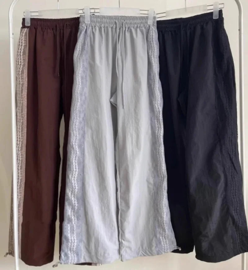 Summer New Loose Y2k Egirl High Waist Straight Trousers Lace Patchwork Nylon Wide Leg Pants 2000s