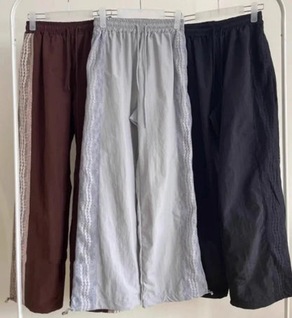 Summer New Loose Y2k Egirl High Waist Straight Trousers Lace Patchwork Nylon Wide Leg Pants 2000s