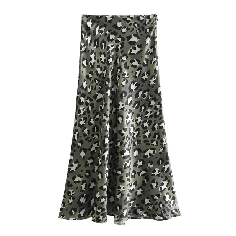 Female Retro Leopard Print Summer High Waist Satin A-line Skirt