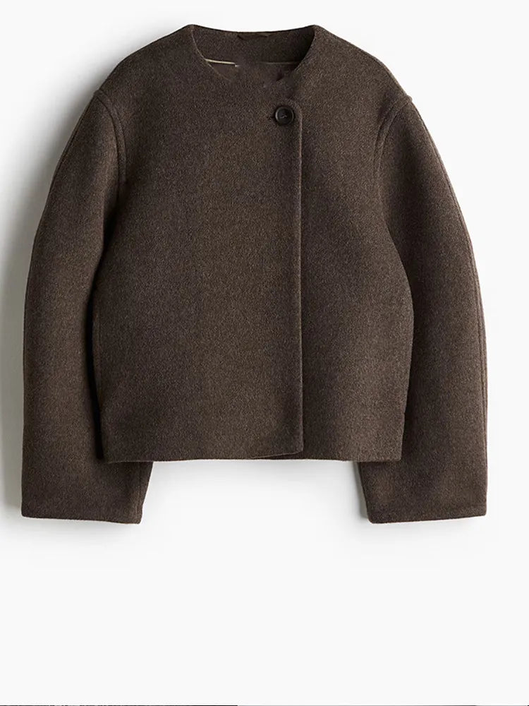 One Button O-neck Woolen Coats for Long Sleeve Cropped Oversized Jackets Lady High Street Outerwear New