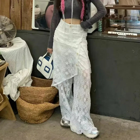 Fake Twopiece Slim Lace Wide Leg Pants Spring New Korean Removable High Waist Pleated Skirt Splicing Pants